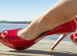 Foto van Schoenen red patent leather high heel pumps women shoes peep toe platform 14cm wedding bride stilett