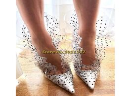 Foto van Schoenen shell polka dot tulle pvc pumps ruffled thin high heel slip on dress runway women shoes spr
