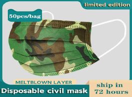 Foto van Beveiliging en bescherming fast delivery 100pcs camouflage face mouth mask disposable non wove 3 lay