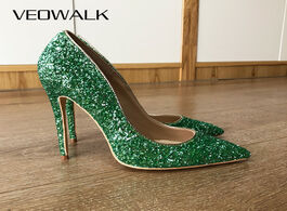 Foto van Schoenen veowalk bling green women sexy stiletto high heels ladies pointy toe pumps thin heel shiny 