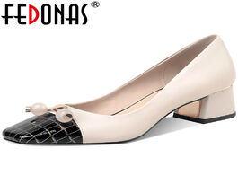 Foto van Schoenen fedonas elegant mixed colors shoes for women genuine leather square toe thick heels pumps 2