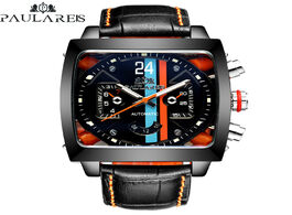 Foto van Horloge automatic self wind mechanical genuine leather stainless steel black orange blue casual pers