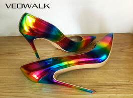 Foto van Schoenen veowalk artsy glossy colorful print women pointed toe high heels ladies slip on stilettos p