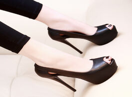 Foto van Schoenen women summer pumps shoes pu leather platform peep toe slip on 14cm thin heels shallow solid
