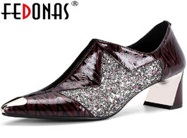 Foto van Schoenen fedonas sexy elegant glitters shoes for women genuine leather side zipper thick heels pumps