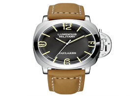 Foto van Horloge automatic self wind mechanical genuine brown leather strap yellow green luminous 44mm luxury