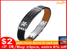 Foto van Sieraden free customize medical alert id tag bracelet black geruine leather diabetes emergency