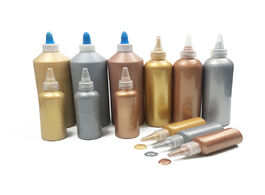 Foto van Huis inrichting large bottle of metallic acrylic paint gold silver leather canvas for wood buddha li
