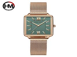 Foto van Horloge japan quartz movement green dial roman square watches case stanless steel fashion wristwatch