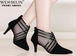 Foto van Schoenen fashion mesh lace crossed stripe women ladies casual pointed toe high stilettos heels pumps