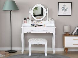 Foto van Meubels modern wooden dressing vanity table set concise 4 drawer with 360 rotation mirror makeup dre
