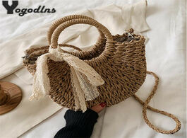Foto van Tassen straw bag women hand woven handbag moon shape lace bow rattan big capacity drawstring casual 