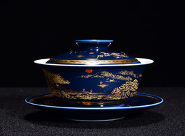 Foto van Huis inrichting mountain river print porcelain tureen blue glaze ceramic gaiwan covered bowl with cu