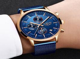 Foto van Horloge lige fashion sport wrist watch mens ultra thin mesh steel blue date chronograph male luxury 