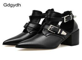 Foto van Schoenen gdgydh retro shoes heels pointed toe women pumps squre metal buckle cut outs soft leather z