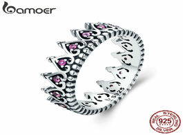 Foto van Sieraden bamoer 925 sterling silver romantic stackable crown heart pink cz finger rings for women je