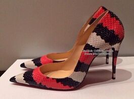 Foto van Schoenen sexy red white black snakeskin high heel pumps pointed toe stiletto heels patchwork dress s