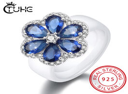 Foto van Sieraden new 925 sterling silver flower ceramic ring for women with blue crystal fashion trendy wedd