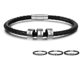Foto van Sieraden personalized men leather bracelet with 1 5 names beads customized family black rope magenti