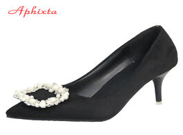 Foto van Schoenen aphixta large size 48 pearl metal buckle stiletto high heels shoes woman pump thin heel poi