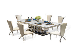 Foto van Meubels designer unique new stainless steel golden dining room set with marble table and 6 leather c
