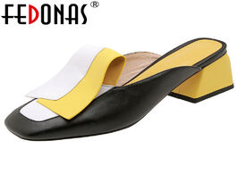Foto van Schoenen fedonas fashion mixed colors pu leather women pumps classic rome square toe hoof heels summ