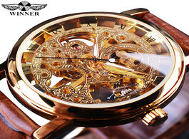 Foto van Horloge winner transparent golden case luxury casual design brown leather strap mens watches top bra