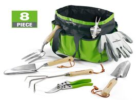 Foto van Gereedschap workpro 8pc garden tools set stainless steel heavy duty wooden handle tote gloves trowel