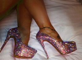 Foto van Schoenen laigzem sexy women heels bling evening party club pumps sequined pink high shoes woman taco