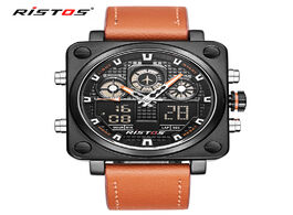 Foto van Horloge ristos chronograph men multifunction sports watches military leather analog fashion wristwat