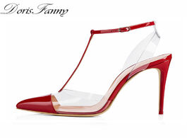 Foto van Schoenen dorisfanny slingback heels pumps red white pointed toe t strap clear high transparent women