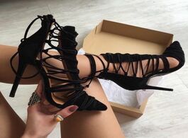 Foto van Schoenen almudena black suede cross strappy pointed toe pumps hollow out braided shoes stiletto heel