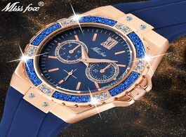 Foto van Horloge missfox women s watches chronograph rose gold sport watch ladies diamond blue rubber band xf