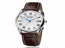 Foto van Horloge eyki men leather watches simple roman numeral dial with calendar quartz watch waterproof wri