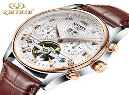 Foto van Horloge kinyued skeleton tourbillon mechanical watch men automatic classic rose gold leather wrist w