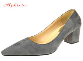 Foto van Schoenen aphixta shoes square heel women pointed toe pumps fashion gray high heels flock leather bla