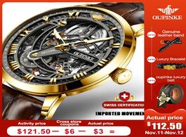 Foto van Horloge luxury men mechanical wristwatch automatic watch classic skeleton leather top brand oupinke 