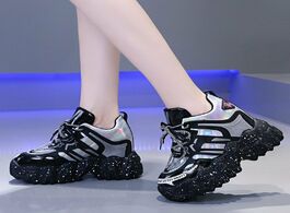 Foto van Schoenen lucyever silver laser patent leather women chunky sneakers 2020 fashion hidden heels platfo