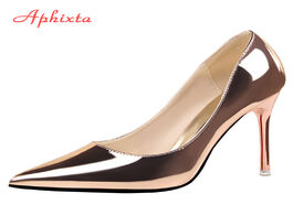 Foto van Schoenen aphixta 10cm heels women pumps shoes pointed toe bling gold patent leather sexy wedding par