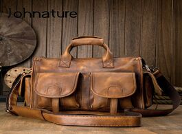 Foto van Tassen johnature 2020 new handmade first layer cow leather men handbag vintage large bag solid color