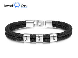 Foto van Sieraden jewelora personalized engraved family name beads bracelets black braided leather stainless 