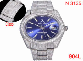 Foto van Horloge iced out top quality watch blue dial date just full diamonds clasp sapphire glass automatic 