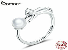 Foto van Sieraden bamoer real silver 925 rings naughty cat with ball open finger for women shell pearl free s