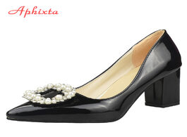 Foto van Schoenen aphixta 7cm 5cm square heels patent leather pearl buckle shoes woman classics pointed toe d