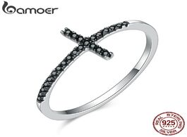 Foto van Sieraden bamoer popular 925 sterling silver faith cross shape finger rings for women black clear cz 