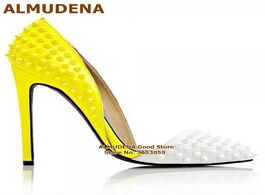 Foto van Schoenen almudena yellow pink rivets high heel shoes pointed toe patchwork studded dress pumps runwa