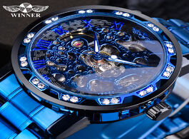 Foto van Horloge winner transparent diamond mechanical watch blue stainless steel skeleton top brand luxury b