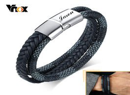 Foto van Sieraden vnox layered leather bangle for men customized name clasp lowhey braided black wristband br