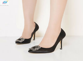 Foto van Schoenen black satin cloth rhinestones high heels shoes woman pumps basic 2021 diamond work fashion 