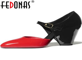 Foto van Schoenen fedonas sexy spike heels pumps genuine leathder metal buckle women shoes 2020 newest summer